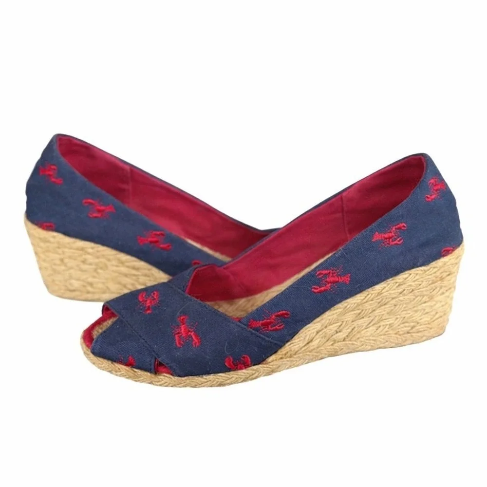 Lauren Ralph Lauren Navy and Red Espadrille Wedge Peep-Toe